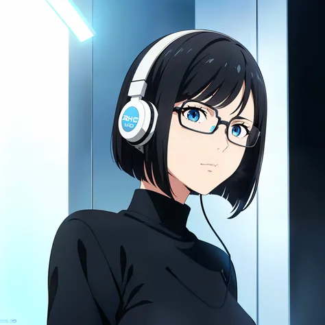 (best quality:1.5, highres, UHD, 4K, detailed lighting, shaders), black hair, short hair, sleek bob hair, cool woman, cool girl, sharp eyes, blue eyes, beautiful, (pov, close shot), simple background, casual clothes, with headphones, with glasses