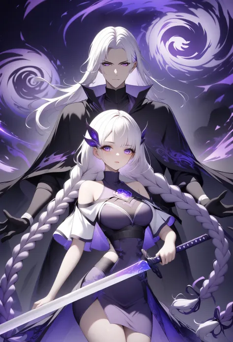 紫色luminescence飞镖，swords，1 girl，purple eyes，white long hair，purple double long braids，high neck off shoulder cropped short sleeve...