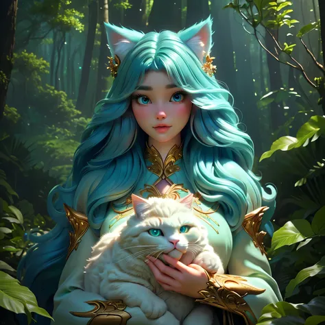 a young girl and a large fluffy cat-like creature in a lush forest、detailed face、highly detailed eyes、beautiful detailed lips、lo...