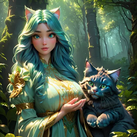 a young girl and a large fluffy cat-like creature in a lush forest、detailed face、highly detailed eyes、beautiful detailed lips、lo...