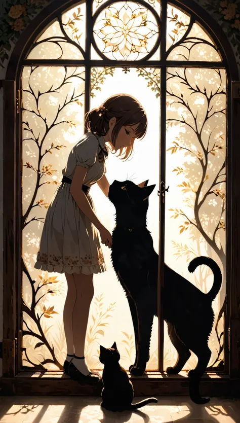 silhouettes of a cat and a girl framed within a massive vintage window frame. the silhouette captures the girl as she bends down...