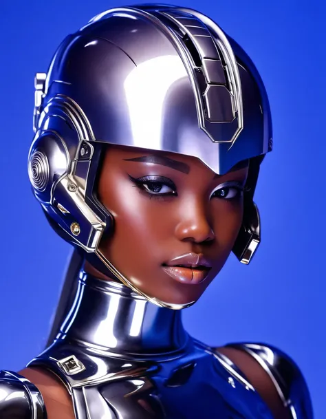 a close up of a black woman wearing a shiny silver helmet, cyborg - girl, hajime sorayama designed girl, cyborg woman, cyborg girl, hajime sorayama style, inspired by hajime sorayama, barbie cyborg, beutiful girl cyborg, sorayama, perfect cyborg female, cy...