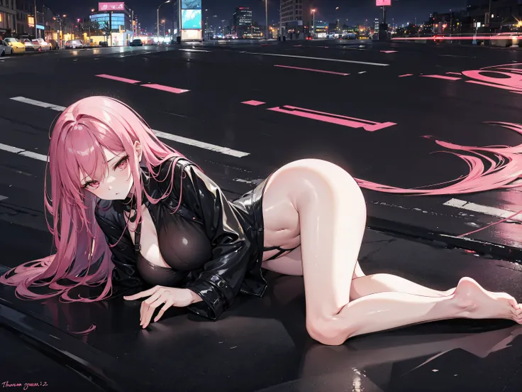 a mature woman with long, slender legs, pink and black hair, provocative and sexy pose, in revealing black lingerie, on the ground in the middle of a night street, barefoot, full body, experiencing an intense orgasmic moment