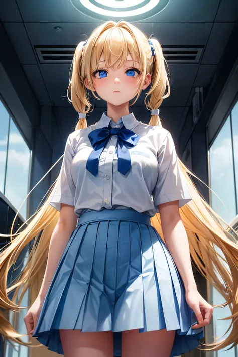 "A young girl with bright blonde pigtails and striking blue eyes stands confidently. She is 18 years old, wearing a crisp white school shirt paired with a light blue pleated skirt that falls just above her knees. Her expression is a mix of determination an...