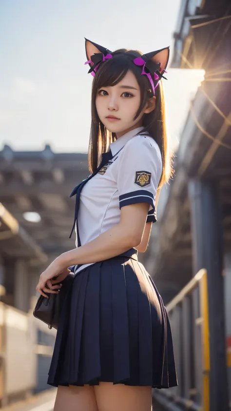 (masterpiece:1.2, highest quality), bokeh, 1 high school girl, (Cat ears:1.3), 
(Japanese idle:1.6), Blushed face, Looking at the viewer, standing at the train railway, (track uniform:1.6), sundown, Close up, (from below:1.4)
