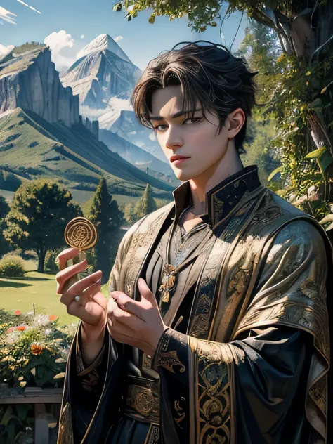 (Absurd, High resolution, Very detailed, High resolution), masterpiece, Intricate details,Handsome teenage boy with anime eyes, A symbolic pentacle，Holding a pentacle in hand,Beautiful garden，Rugged Mountain々Distant view of，顔のIntricate details, Characters ...