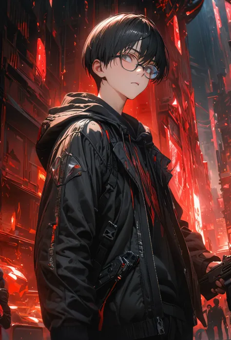 Angelic, ultra detailed, 8k, masterpiece, 1 boy, boyish, short hair, wearing glasses, black hair, black jacket, hoodie, holding hand gun, red crystals, clear crystal, natural