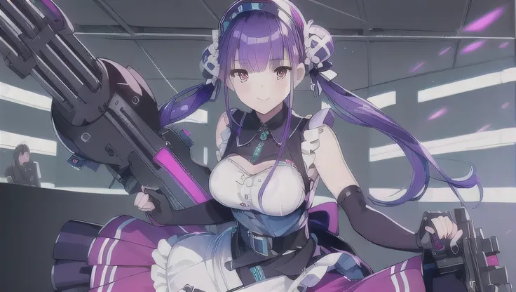 ((highest quality)), ((masterpiece)), (very detailed:1.3) beautiful hyper waifu in cyberpunk bodysuit firing gatling gun,gun,ani...