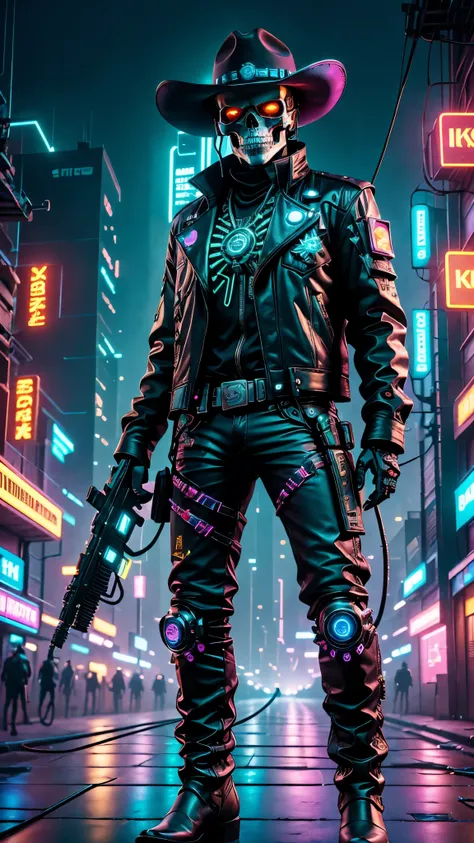 cyber punk style:Skull Robot Sheriff,metalictexture,wearing a cowboy hat+Cockade+Neon brim,Wearing a leather jacket and cowboy boots,retro futuristic style,glowing light eyes,High-tech weapons hanging from the belt,wires and cables,nighttime scene,vibrant ...
