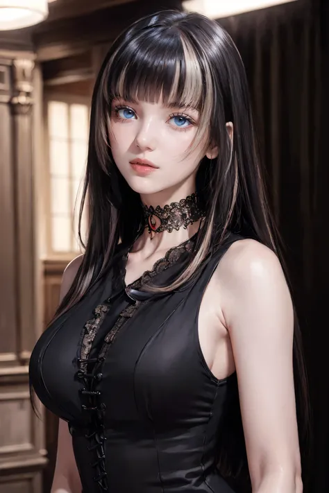 Beautiful girl with realistic black eyes, Pale skin, Long black hair, Perfect Face, Perfect Eyes, ((See-through)),((Deep V-neck tight lace dress)) Very detailed, General Movie, Digital Painting, 8k, Cinema Lighting, highest quality, High resolution, well d...