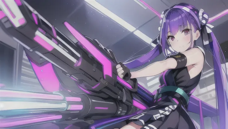 ((highest quality)), ((masterpiece)), (very detailed:1.3) beautiful hyper waifu in cyberpunk bodysuit firing gatling gun,gun,ani...