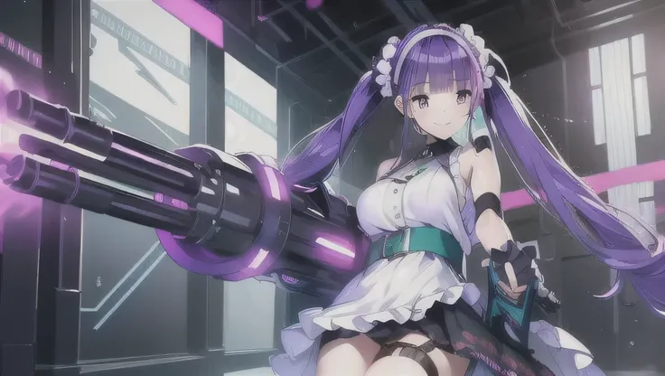 ((highest quality)), ((masterpiece)), (Very detailed:1.3) beautiful hyper waifu in cyberpunk bodysuit firing gatling gun,gun,anime,smile、Arms shop、 1 girl、solo、Long Hair、Twin tails、Red eyes、Open your mouth、Purple Hair、arms、hair band、skirt、belt、gloves、apron...