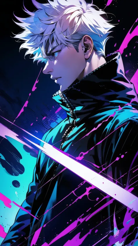 a man with white hair and a purple jacket holding a cell phone, cyberpunk art inspired by munakata shikō, tumblr, digital art, u...