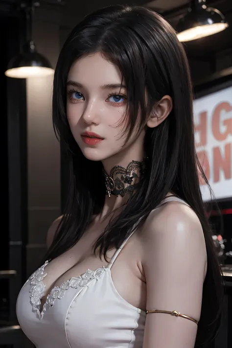 Beautiful girl with realistic black eyes, Pale skin, Long black hair, Perfect Face, Perfect Eyes, ((See-through)),((Deep V-neck tight lace dress)) Very detailed, General Movie, Digital Painting, 8k, Cinema Lighting, highest quality, High resolution, well d...