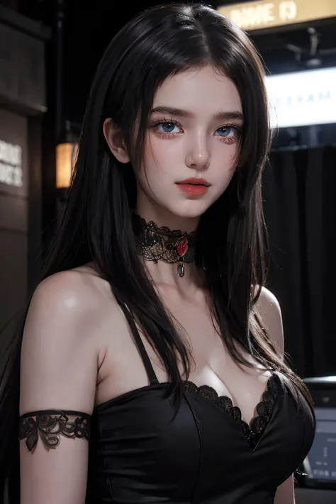 beautiful girl with realistic black eyes, pale skin, long black hair, perfect face, perfect eyes, ((see-through)),((deep v-neck ...