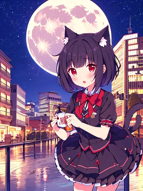 1 girl black  hair red eyes mahou Shoujo short skirt  on top of a building in starry sky with full moon cola de gato nekomimi gran caildad de detalle