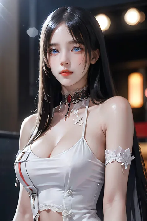 Beautiful girl with realistic black eyes, Pale skin, Long black hair, Perfect Face, Perfect Eyes, ((See-through)),((A tight lace dress with a very deep V-neck)) ，I can see her chest to her belly button，Very detailed, General Movie, Digital Painting, 8k, Ci...