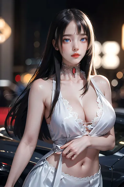 Beautiful girl with realistic black eyes, Pale skin, Long black hair, Perfect Face, Perfect Eyes, ((See-through)),((A tight lace dress with a very deep V-neck)) ，I can see her chest to her belly button，Very detailed, General Movie, Digital Painting, 8k, Ci...