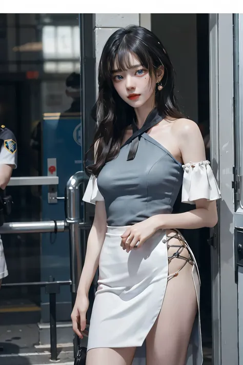 1 female, Black Hair, Blue Eyes, Delicate face, cute, Love Earrings, White Dress, Standing at the entrance to the police station, Playful, Ultra HD, masterpiece, highest quality, Super detailed, Accurate