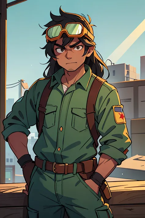 A man with slightly tan skin, long black hair, and dark eyes wearing protective welding goggles, a Russian Ushanka hat in shades of light green and gray, a brown jumpsuit with grease stains, and a construction carpenters belt.