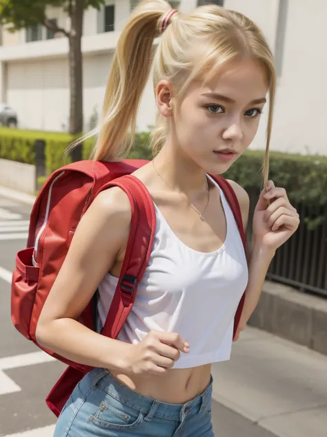 masterpiece, realistic, hd, a young woman wear white tanktop, blonde hair, ponytail, 18 y.o, shortpants, carry backpack, (red ba...