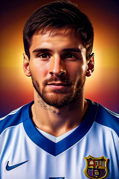 Famous soccer player leonil messi, half body shot, detailed face, detailed representation of the face, detailed eyes, high quality, high resolution, best image, whole body shot wearing his baskteball jersey outfit, facing the audience, 8k, high quality, co...