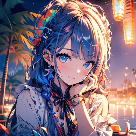 Masterpiece、Rainbow Hair、Delicate eyes、smile、Tied up hair、Beautiful hair ornament、Upper Body、(((Cheek resting on hand)))、night、Ocean、Palm tree