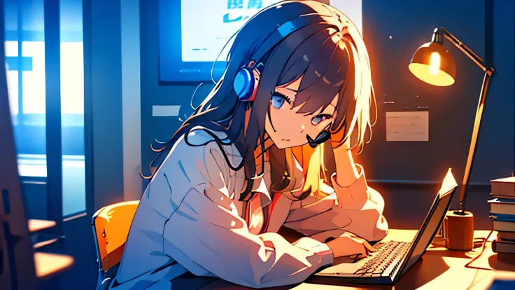 Night in a room with mood lighting、Put on your headset、Sit in a chair in front of the desk.、Girl studying on a computer,