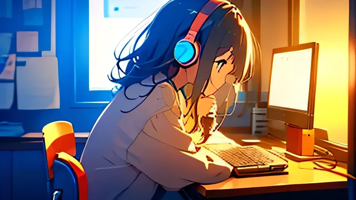 Night in a room with mood lighting、Put on your headset、Sit in a chair in front of the desk.、Girl studying on a computer,
