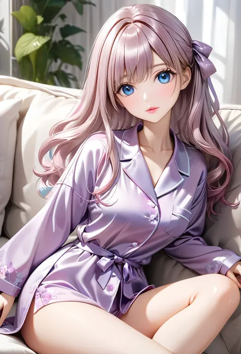 (masterpiece, best quality: 1.2),barbie doll, ，exquisite eyes,， （（silk pajamas））sitting on the sofa（8k）（hd）