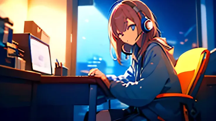 Night in a room with mood lighting、Put on your headset、Sit in a chair in front of the desk.、Girl studying on a computer,