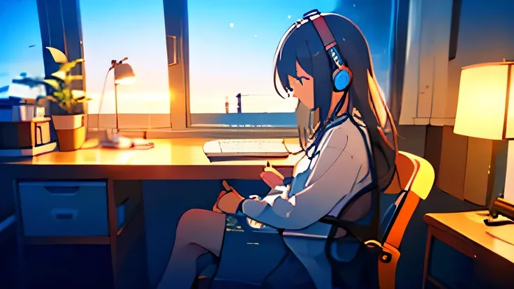 summer night,Night in a room with mood lighting、Put on your headset、Sit in a chair in front of the desk.、Girl studying on a computer,