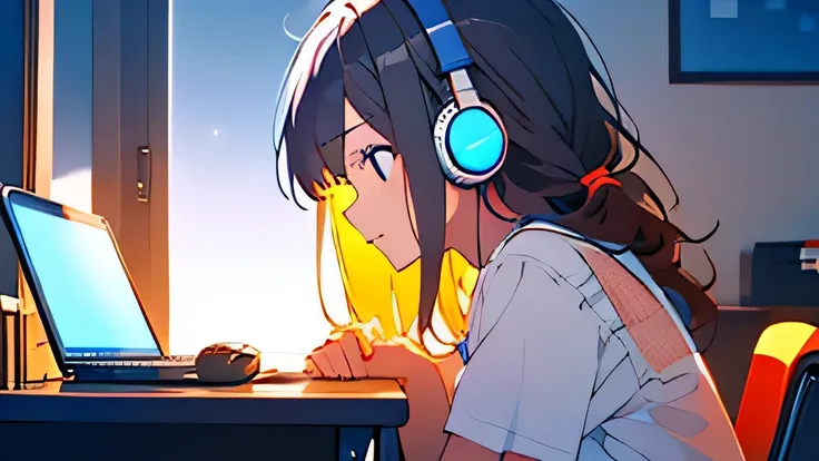 summer night,Night in a room with mood lighting、Put on your headset、Sit in a chair in front of the desk.、Girl studying on a computer,Short sleeve