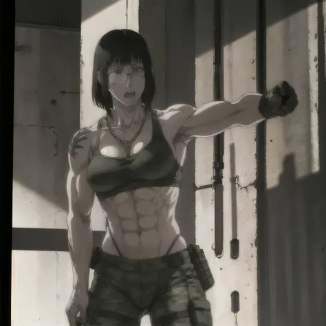 (best quality,ultra-detailed,realistic:1.37),musclaur badass girl with sculpted body with preview her musclaur body and six-pack, full review of the female characters face and body, intense expression,studio lighting, vivid colors, physiologically-based re...