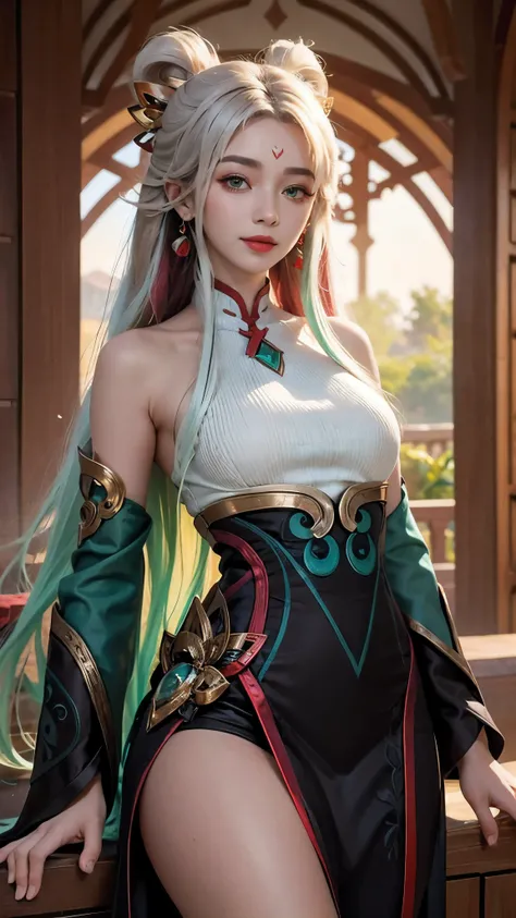 (masterpiece, best quality:1.2), intricate details, mythmaker irelia, 1girl, hair ornament, hair rings, bare shoulders, dress, detached sleeves, forehead mark, multicolored hair, white hair, earrings, green eyes, textured skin, looking at viewer, solo, lig...