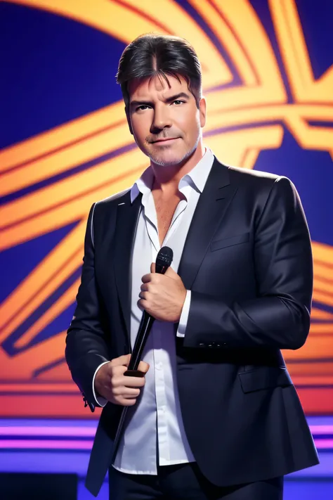 Simon Cowell, half body shot, detailed face, detailed representation of the face, detailed eyes, high quality, high resolution, best image, whole body shot wearing outfit, facing the audience, 8k, high quality, colorful background, light contrast