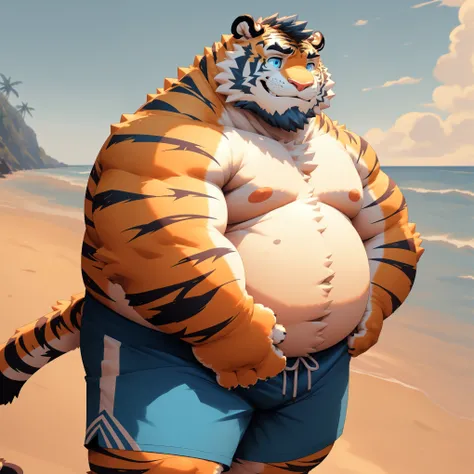 New Jersey 5 Furry,Tiger，Solitary，Chubby，Thick arms，Rugged muscles，shorts，Orange plush fur，Chubby脸，Black eyebrows，Sky blue eyes，Beard，(topless,shorts),(smiles),(On the beach),8k,(high quality),(Ultra HD),(Super detailed),
