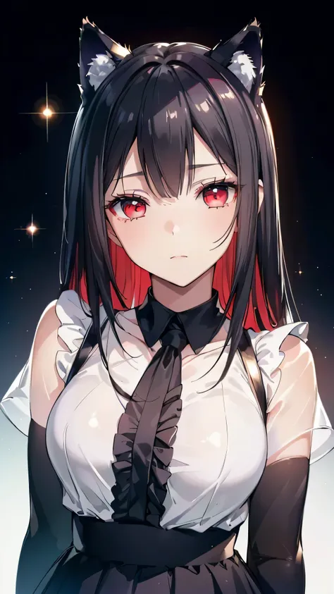(Cat girl), (smoking), cat ears, black hair, business casual attire, cool, red dress shirt, pretty red eyes, cat tail, ((Crimson Red Eyes eyes: 1.3, Upturned Eyes: 1, Perfect Eyes, Beautiful Detailed Eyes, Gradient eyes: 1, Finely Detailed Beautiful Eyes: ...