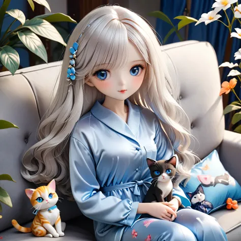 (masterpiece, best quality: 1.2),barbie doll, ，exquisite eyes, （（silk pajamas）），sitting on the sofa with a cat（8k）（hd）