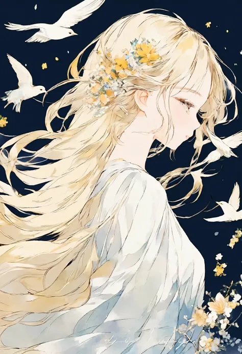 wonderful、smooth blonde hair、hair blowing in the wind、close your eyes、profile、universe、flower