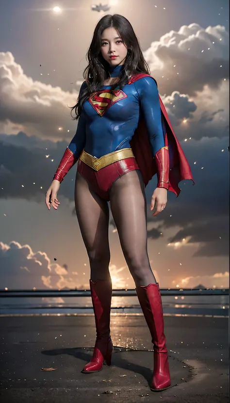 No background、(((Beautiful legs in black tights.)))、(((Legally express the beauty of your smile)))、((((Make the most of your original images)))、(((体にぴったりフィットするSupergirl Costume)))、(((Supergirl Costume)))、(((Beautiful hairstyle)))、(((She is winking cutely.)...