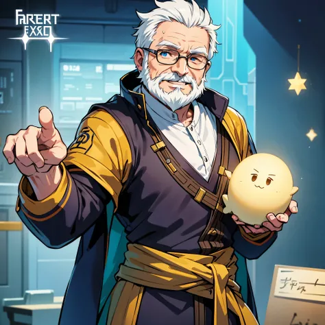 anime style, smiled old man with beard, merchant, clothes of the future, bright, mysterious seller, star trek, mass effect, one person