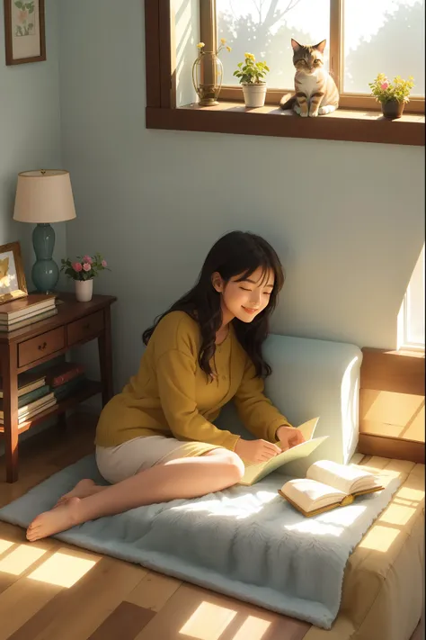 1girl,cat,girl with cat,sunlit room,cozy atmosphere,warm and inviting,home environment,bright afternoon sunlight,window seat,books,smiling girl,peaceful,serene setting,soft colors,girl with cat enjoying sunlit room,beautiful interior,relaxed vibe