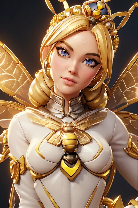 ((A Beautiful BEE Queen human goddess::1.3)),(master piece), (highly quality) android_18, (visage parfait), defined jawline, lovely lips, octane rendered, Unreal engine, style modelshoot, Realstic, League of legends, legend of cryptids