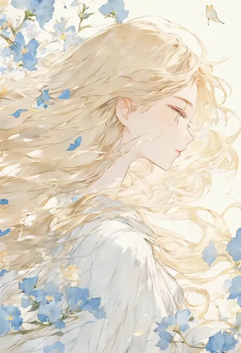 wonderful、smooth blonde hair、Hair blowing in the wind、close your eyes、profile、universe、flower