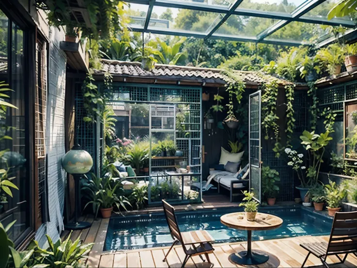 the yard is designed with a grape trellis above, a ceiling made of corrugated iron and poly panels, and an aquarium, a close up ...