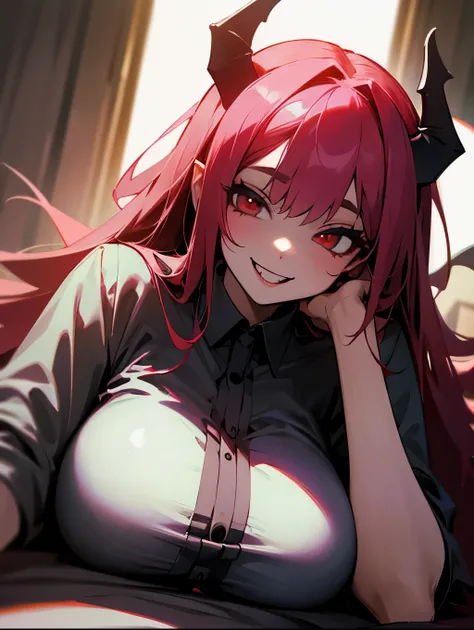 masterpiece, best quality, 1girl, vampire , half body , demon , huge body, terrifying smile, wearing a shirt, laying on bed