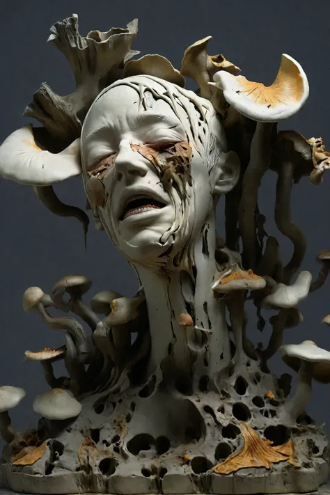 a struggling figure in agony, surrounded by rotting fungus, hyper detailed 3d render, photorealistic, ceramic sculpture, cracked...