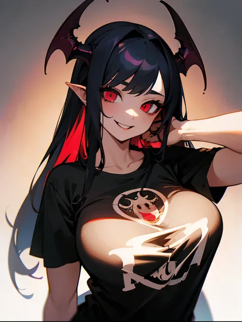 masterpiece, best quality, 1girl, vampire , half body , demon , huge body, terrifying smile, wearing a t shirt, 