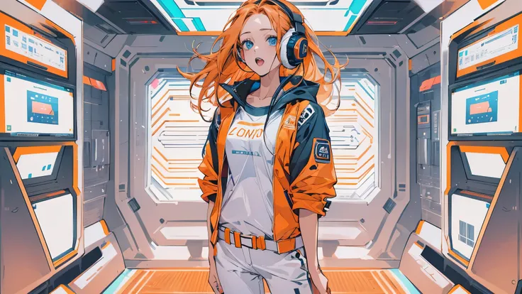 high resolution、White background、White background、One Girl、Center of screen、Full body standing、Wearing headphones、Logo T-shirt and hot pants、Inside a futuristic room、Vibrant colors、Vivid Color、Warm shades、Orange long hair、